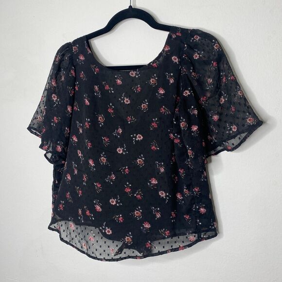 Loft Cute Black Floral Print Round Neck Short Sleeve V-Back With Ties Blouse XXS - Picture 5 of 11